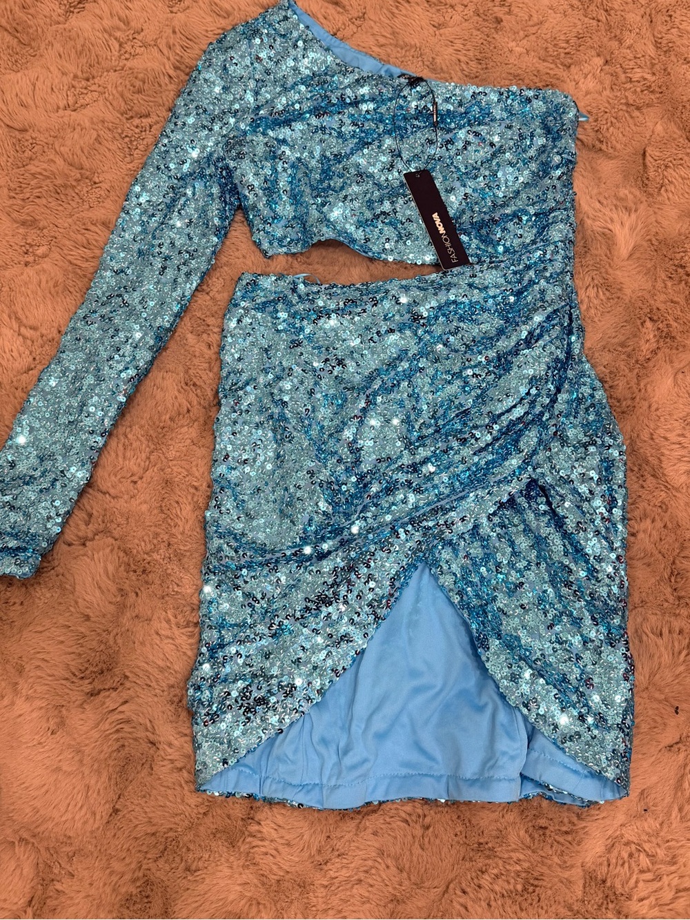 Fashion Nova Light Blue Sequin One-Shoulder Dress